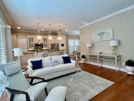 Interior, Kitchen, Living room, Pendant Lights, Recessed Lighting, Stainless Steel Appliances, Wood Texture Flooring