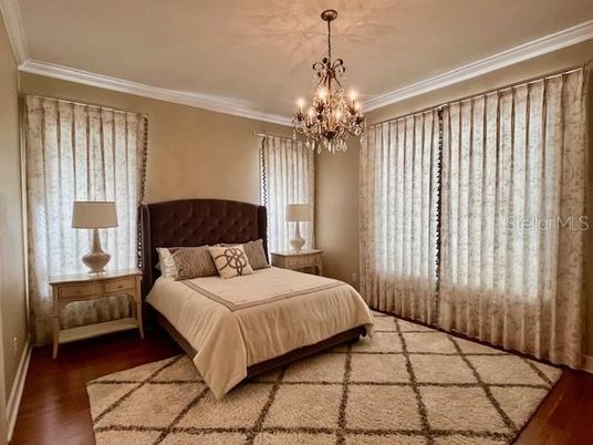 Bedroom, Chandelier, Interior, Wood Texture Flooring