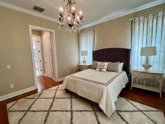 Bedroom, Chandelier, Interior, Wood Texture Flooring