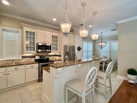 Chandelier, Interior, Kitchen, Pendant Lights, Recessed Lighting, Stainless Steel Appliances
