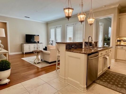 Interior, Kitchen, Living room, Pendant Lights, Recessed Lighting, Wood Texture Flooring