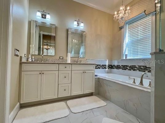 Bathroom, Chandelier, Dual Sink Vanities, Interior, Marble
