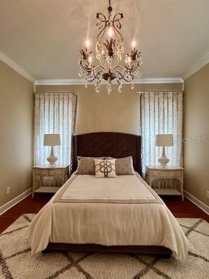 Bedroom, Chandelier, Interior, Wood Texture Flooring