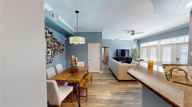 Dining room, Interior, Living room, Pendant Lights, Wood Texture Flooring