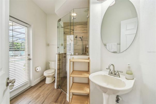 Bathroom, Glass Shower, Interior, Wood Texture Flooring