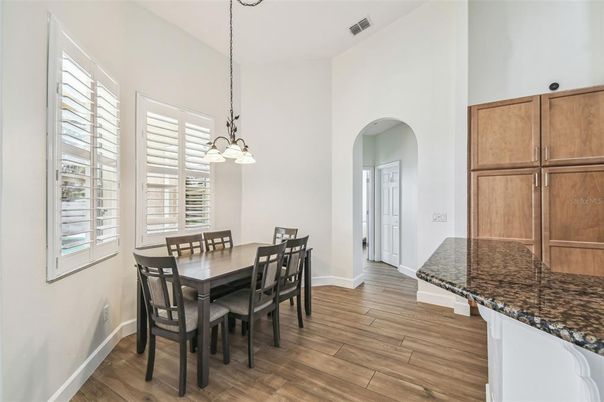 Dining room, Interior, Pendant Lights, Wood Texture Flooring