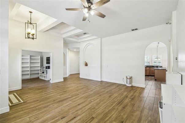 Empty room, Interior, Pendant Lights, Wood Texture Flooring