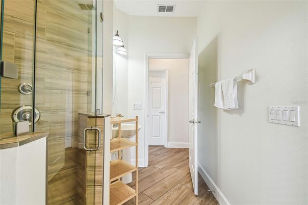 Bathroom, Glass Shower, Interior, Wood Texture Flooring
