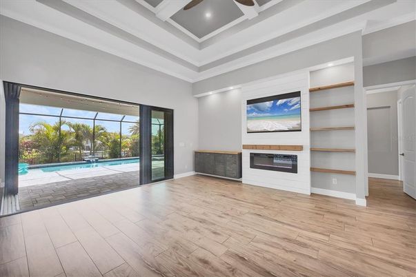 Empty room, Fireplace, Interior, Recessed Lighting, Wood Texture Flooring