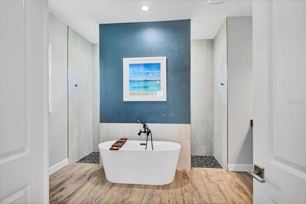 Bathroom, Free Standing Baths, Interior, Recessed Lighting, Wood Texture Flooring