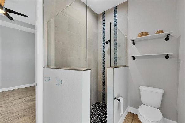 Bathroom, Glass Shower, Interior, Wood Texture Flooring