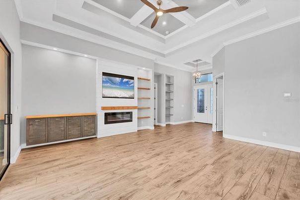 Empty room, Fireplace, Interior, Recessed Lighting, Wood Texture Flooring