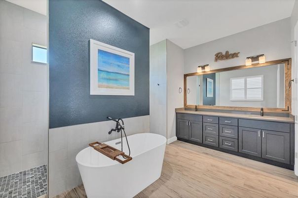 Bathroom, Dual Sink Vanities, Free Standing Baths, Interior, Wood Texture Flooring