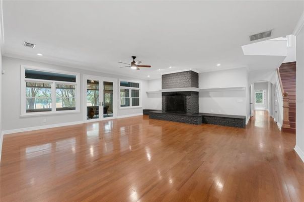 Empty room, Fireplace, Interior, Recessed Lighting, Wood Texture Flooring