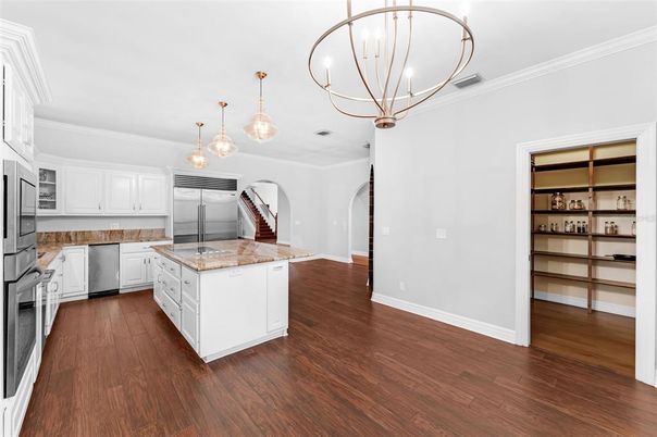 Interior, Kitchen, Pendant Lights, Stainless Steel Appliances, Wood Texture Flooring