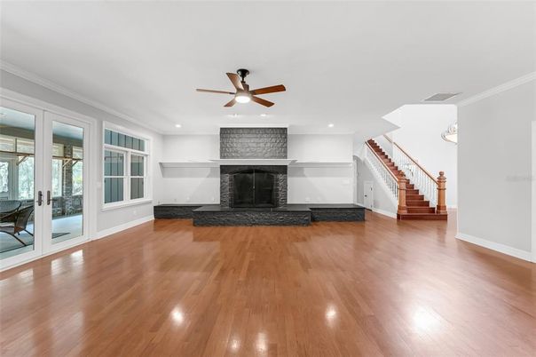 Empty room, Fireplace, Interior, Recessed Lighting, Wood Texture Flooring