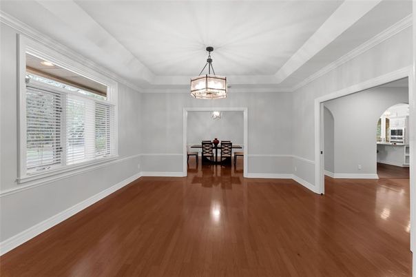 Dining room, Interior, Pendant Lights, Wood Texture Flooring