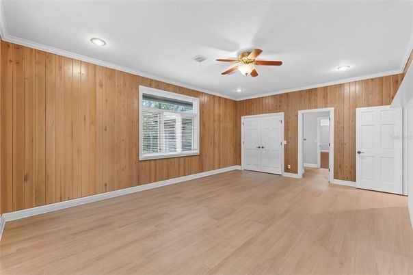 Empty room, Interior, Recessed Lighting, Wood Texture Flooring, Wooden Walls