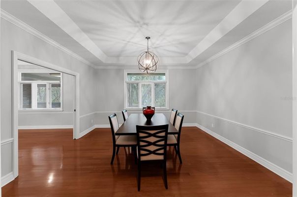 Dining room, Interior, Pendant Lights, Wood Texture Flooring