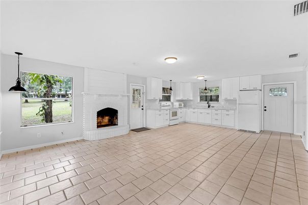 Empty room, Fireplace, Interior, Kitchen, Pendant Lights