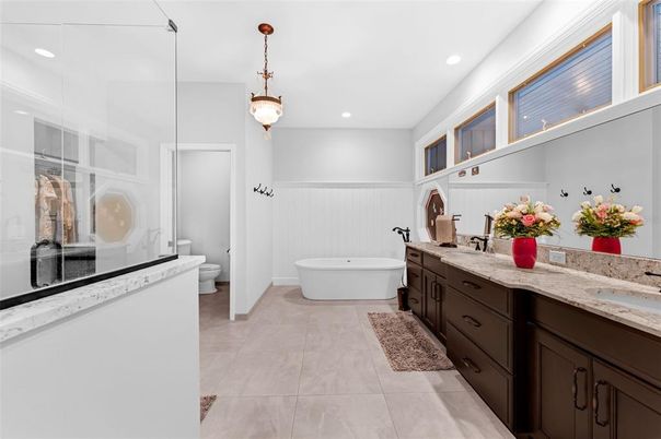 Bathroom, Dual Sink Vanities, Free Standing Baths, Interior, Pendant Lights, Recessed Lighting