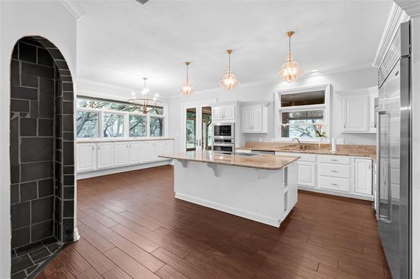 Chandelier, Interior, Kitchen, Pendant Lights, Stainless Steel Appliances, Wood Texture Flooring