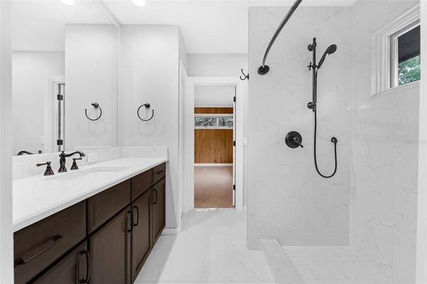 Bathroom, Glass Shower, Interior, Marble, Marble Walls, Recessed Lighting
