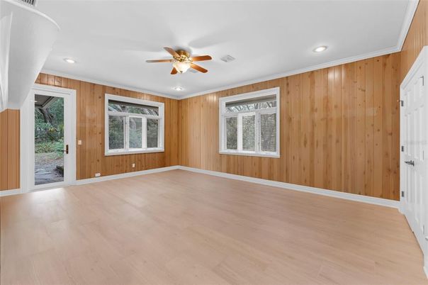 Empty room, Interior, Recessed Lighting, Wood Texture Flooring, Wooden Walls