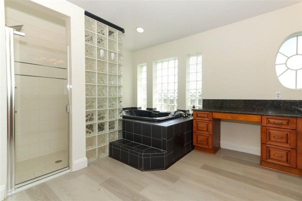 Bathroom, Glass Shower, Interior, Recessed Lighting, Wood Texture Flooring