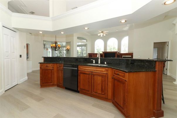 Chandelier, Interior, Kitchen, Recessed Lighting, Wood Texture Flooring