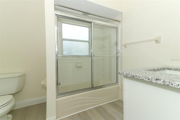 Bathroom, Glass Shower, Interior, Wood Texture Flooring