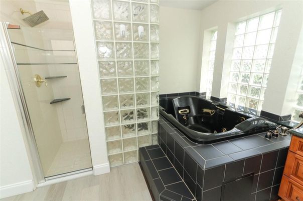 Bathroom, Glass Shower, Interior, Tile Countertops, Wood Texture Flooring