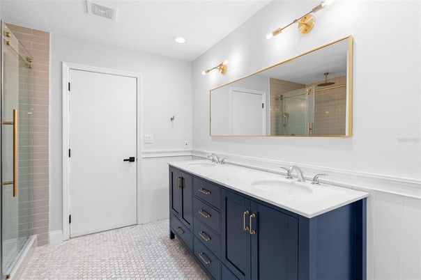 Bathroom, Dual Sink Vanities, Glass Shower, Interior, Recessed Lighting