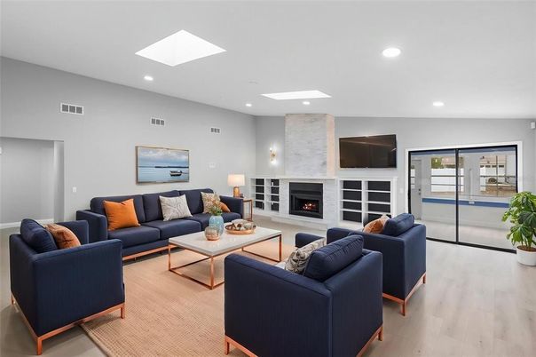 Fireplace, Interior, Living room, Recessed Lighting, Wood Texture Flooring