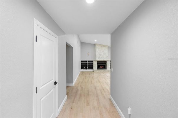 Fireplace, Interior, Recessed Lighting, Wood Texture Flooring