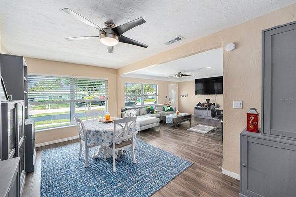 Dining room, Interior, Living room, Recessed Lighting, Wood Texture Flooring