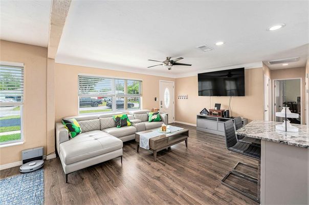 Interior, Living room, Recessed Lighting, Wood Texture Flooring