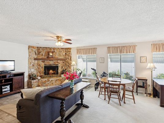 Dining room, Fireplace, Interior, Living room, Stone Walls