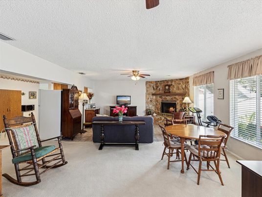Dining room, Fireplace, Interior, Living room, Stone Walls
