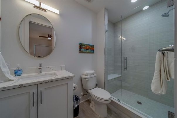 Bathroom, Glass Shower, Interior, Recessed Lighting, Wood Texture Flooring