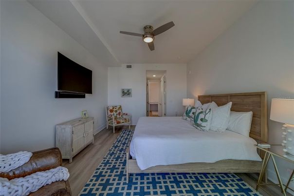 Bedroom, Interior, Recessed Lighting, Wood Texture Flooring