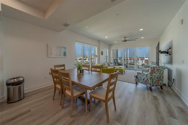 Dining room, Interior, Living room, Recessed Lighting, Wood Texture Flooring
