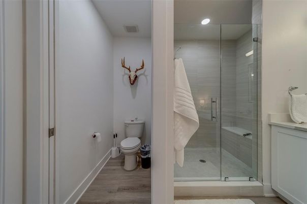 Bathroom, Glass Shower, Interior, Recessed Lighting, Wood Texture Flooring