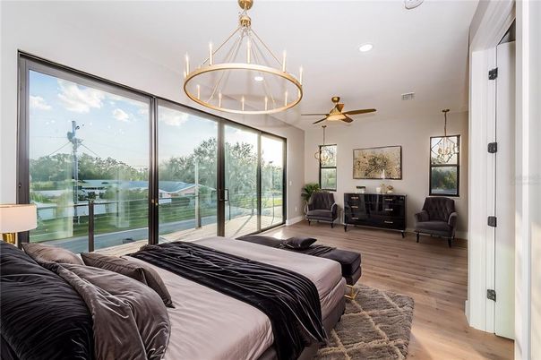 Bedroom, Interior, Pendant Lights, Recessed Lighting, Wood Texture Flooring