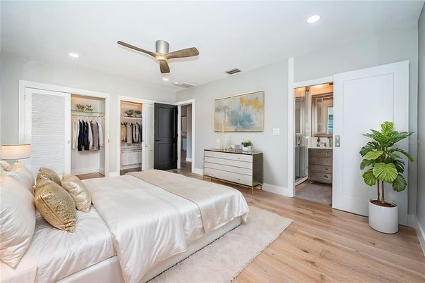 Bedroom, Interior, Recessed Lighting, Wood Texture Flooring