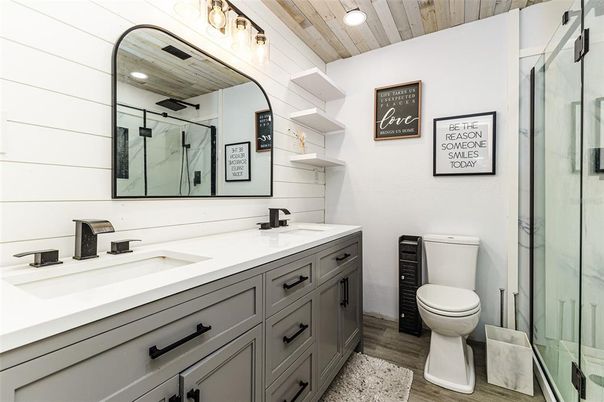 Bathroom, Dual Sink Vanities, Glass Shower, Interior, Recessed Lighting, Wooden Ceilings, Wood Texture Flooring