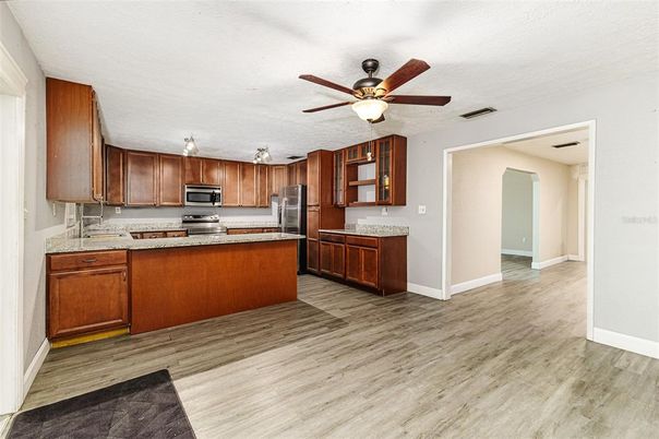 Interior, Kitchen, Stainless Steel Appliances, Wood Texture Flooring