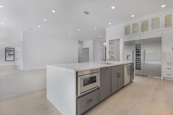 Interior, Kitchen, Recessed Lighting, Stainless Steel Appliances, Wood Texture Flooring