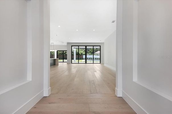 Empty room, Interior, Pendant Lights, Recessed Lighting, Wood Texture Flooring