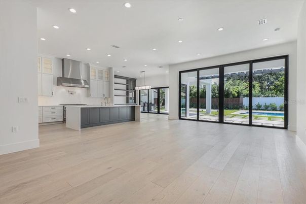 Chandelier, Empty room, Interior, Kitchen, Pendant Lights, Recessed Lighting, Stainless Steel Appliances, Wood Texture Flooring